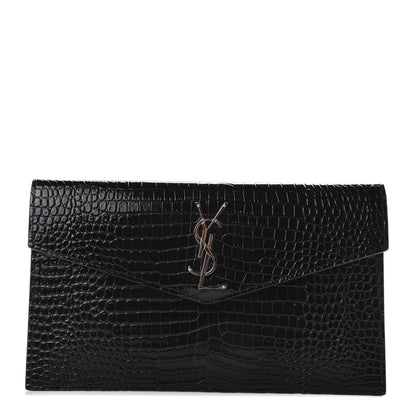 Saint Laurent Calfskin Crocodile Embossed Uptown Monogram Clutch Black 1 of 7