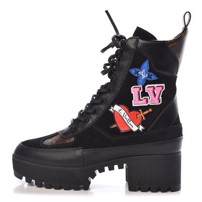 Louis Vuitton Suede Calfskin Monogram LV Black Heart Laureate Platform Desert Boots 37 Black 1 of 10
