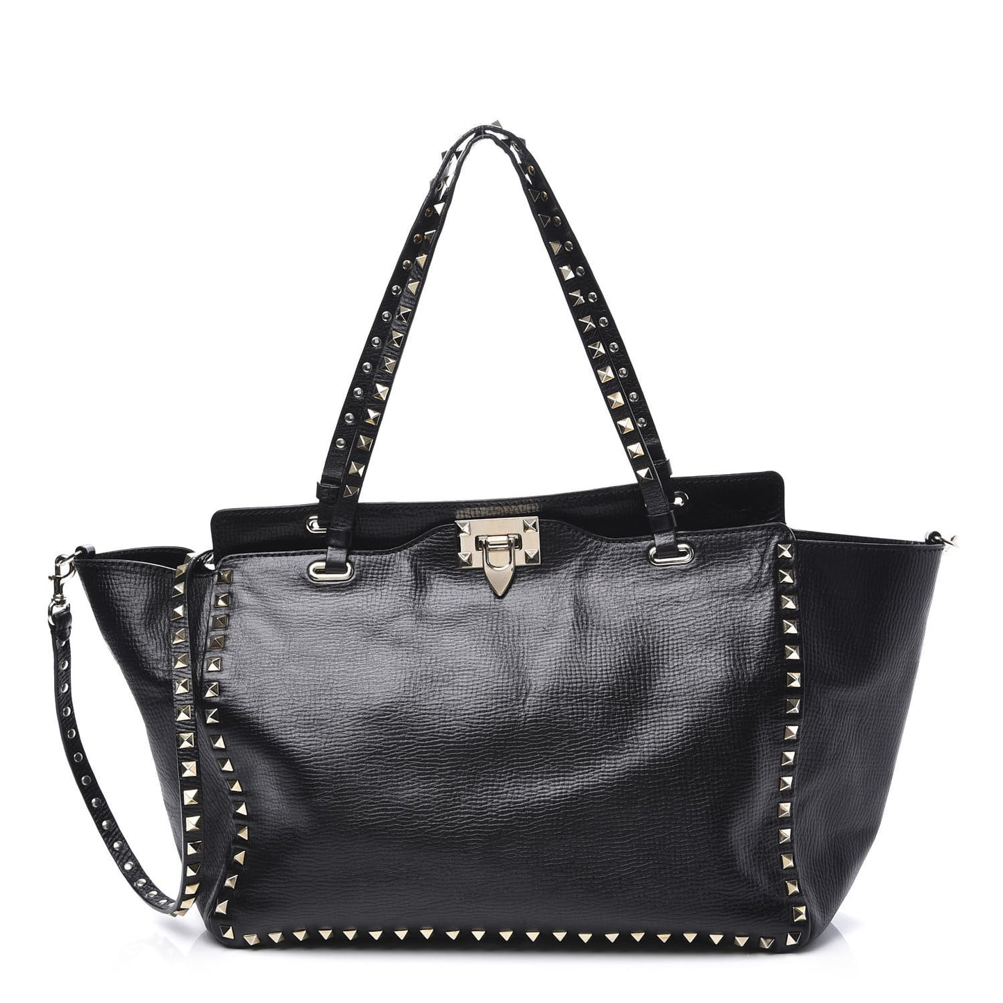 Textured Calfskin Medium Rockstud Tote Black