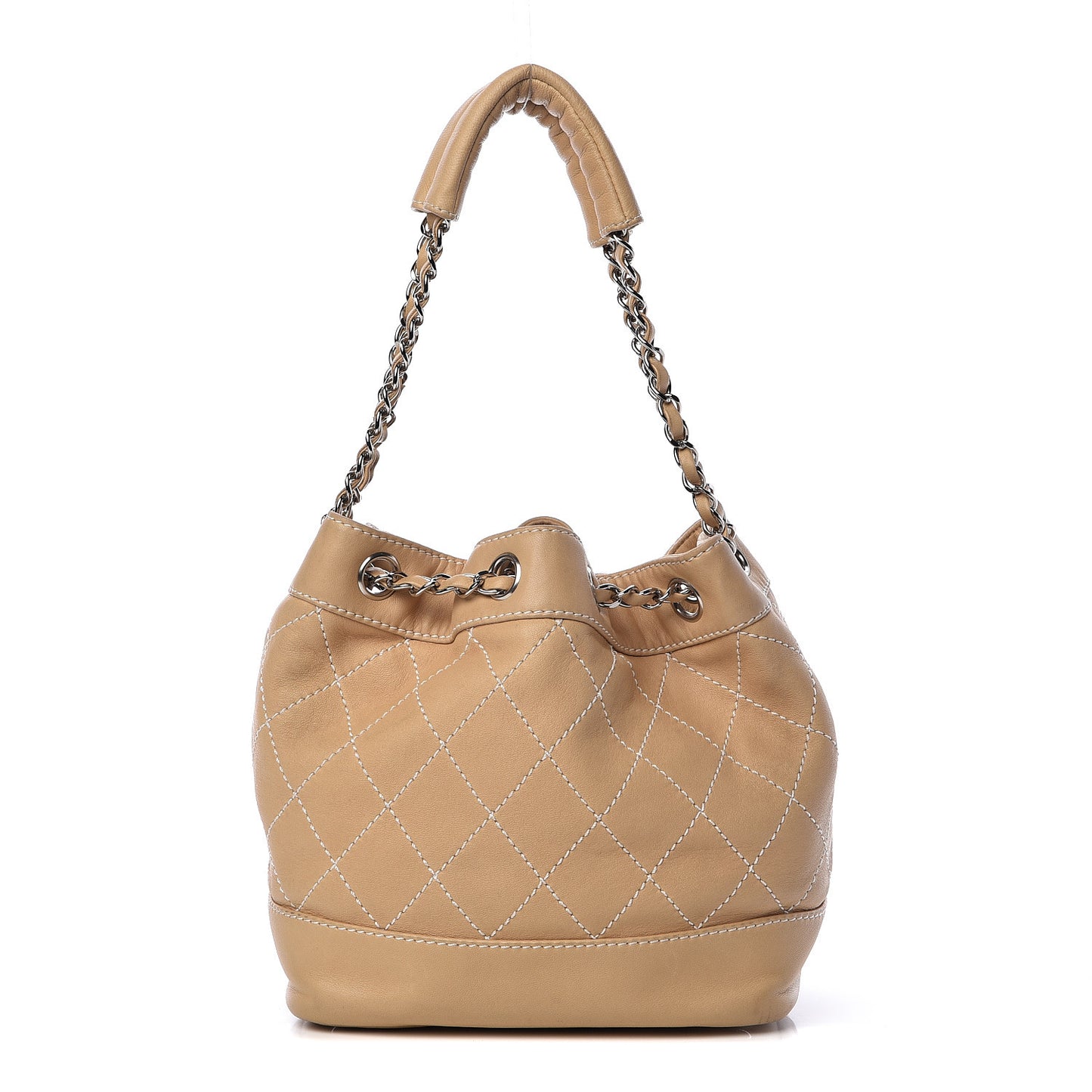 Lambskin Contrast Stitch Small Drawstring Tote Light Beige