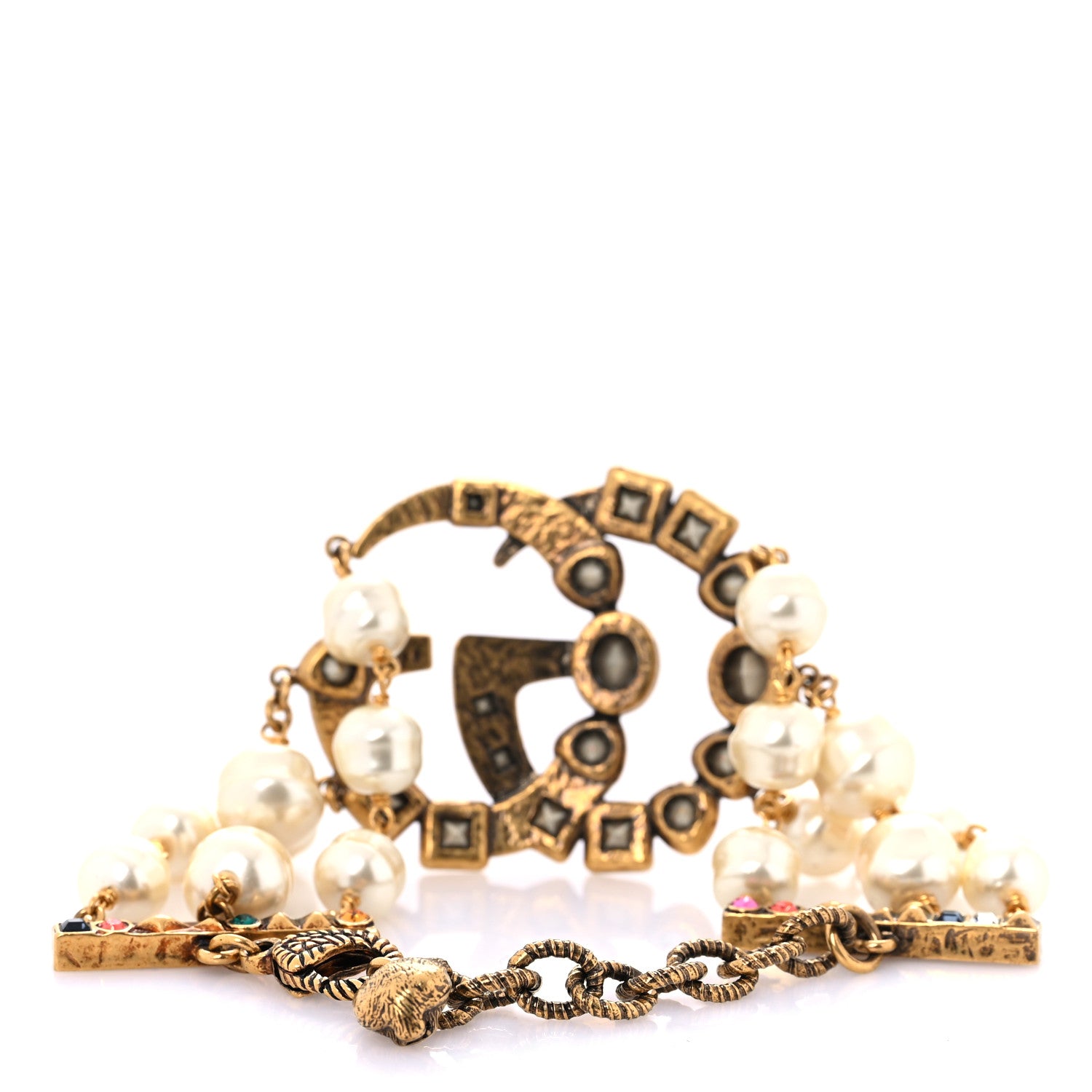 Gucci Metal Crystal Pearl Double G Bracelet Aged Gold Multicolor 4 of 8