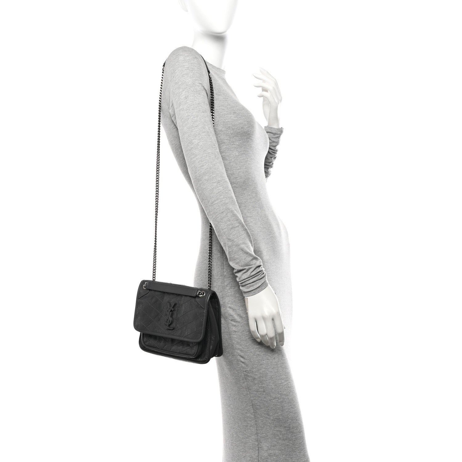 Saint Laurent Crinkled Calfskin Matelasse Monogram Baby Niki Chain Satchel Storm 2 of 10