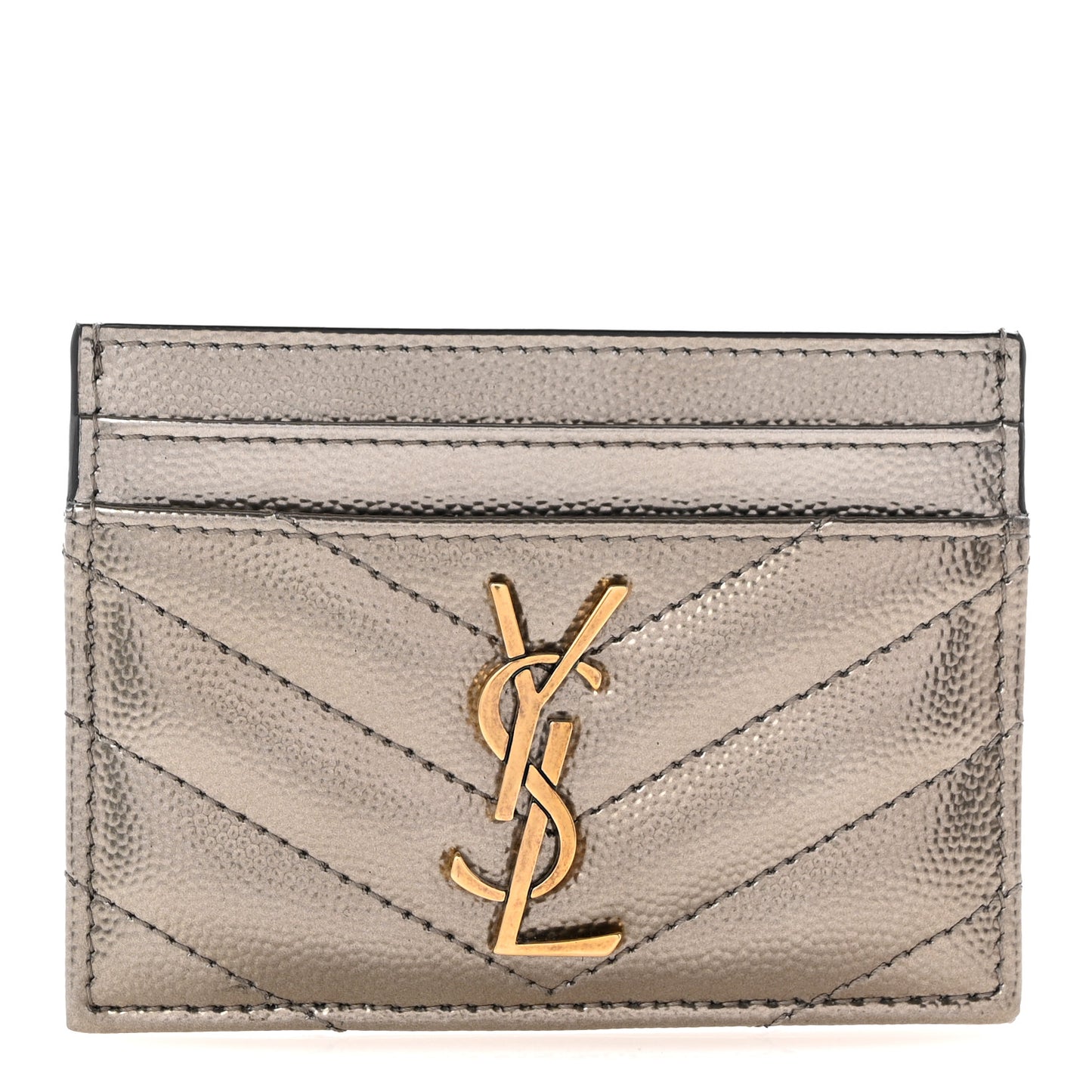 Metallic Grain De Poudre Matelasse Chevron Monogram Credit Card Case Piombo