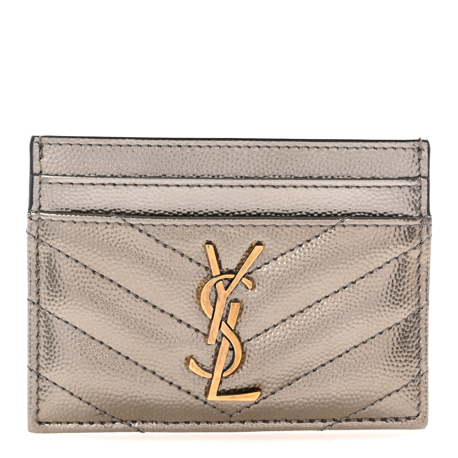 Saint Laurent Metallic Grain De Poudre Matelasse Chevron Monogram Credit Card Case Piombo 1 of 9
