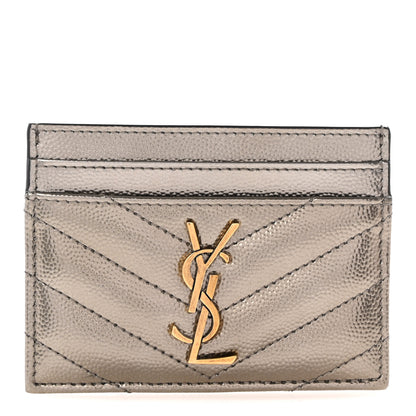Saint Laurent Metallic Grain De Poudre Matelasse Chevron Monogram Credit Card Case Piombo 1 of 9