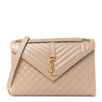 Saint Laurent Grain De Poudre Mixed Matelasse Large Triquilt Monogram Satchel Dark Beige 1 of 11
