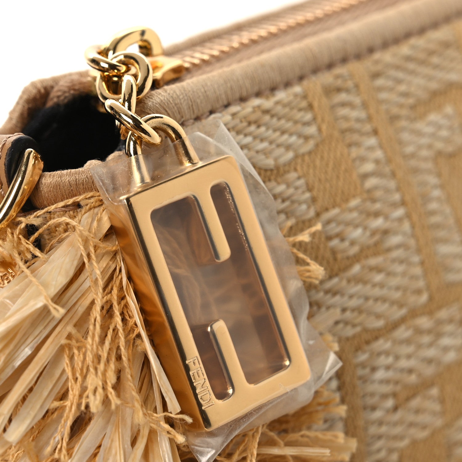 Fendi Raffia Fringe FF Embroidered Baguette Pouch Natural Dark