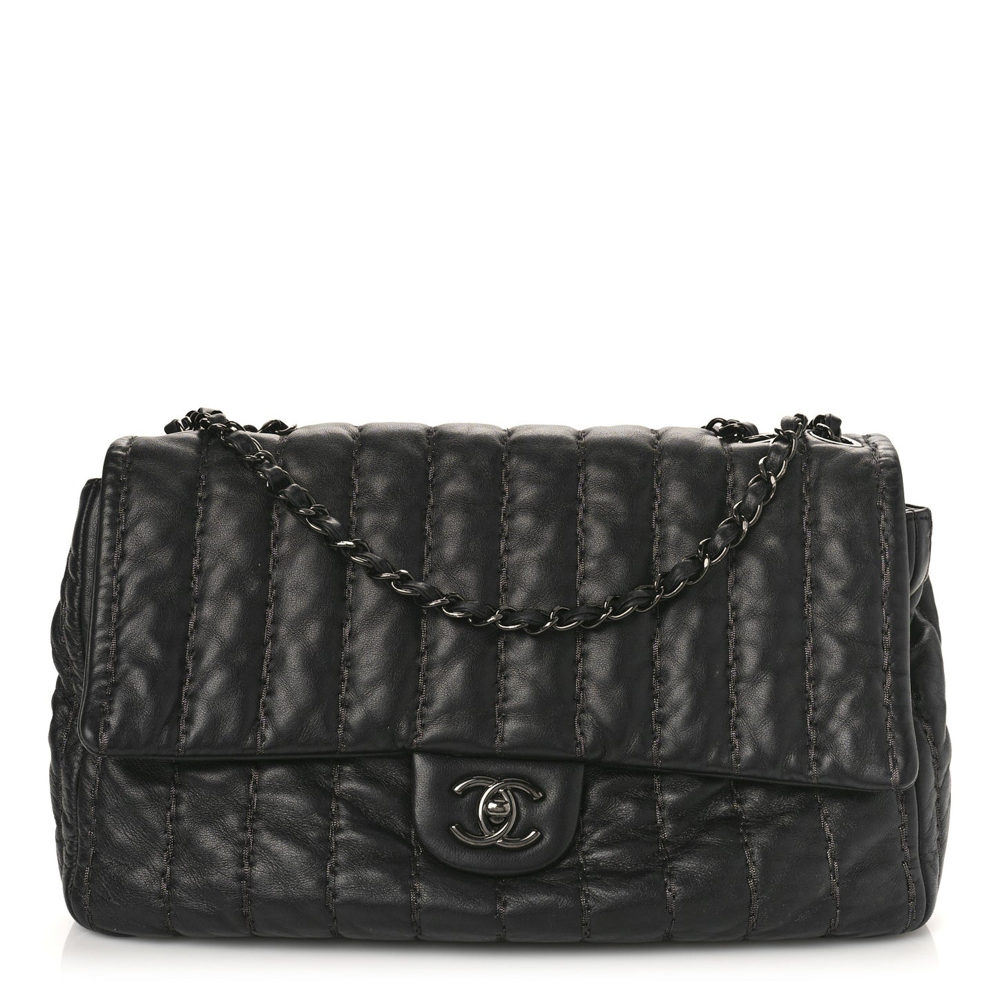 Lambskin Vertical Stitch Jumbo Single Flap Black