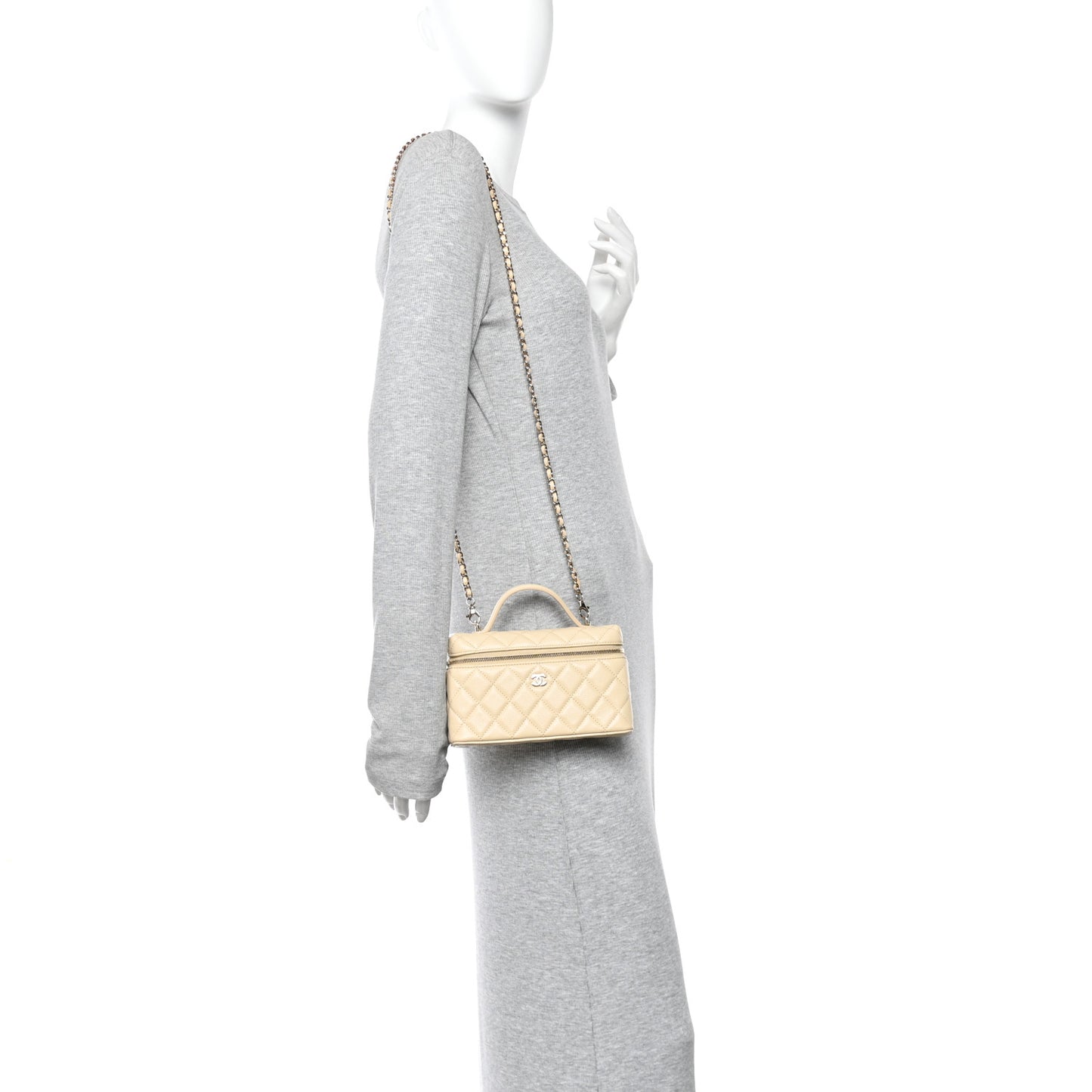 Caviar Quilted Top Handle Slim Vanity With Chain Beige