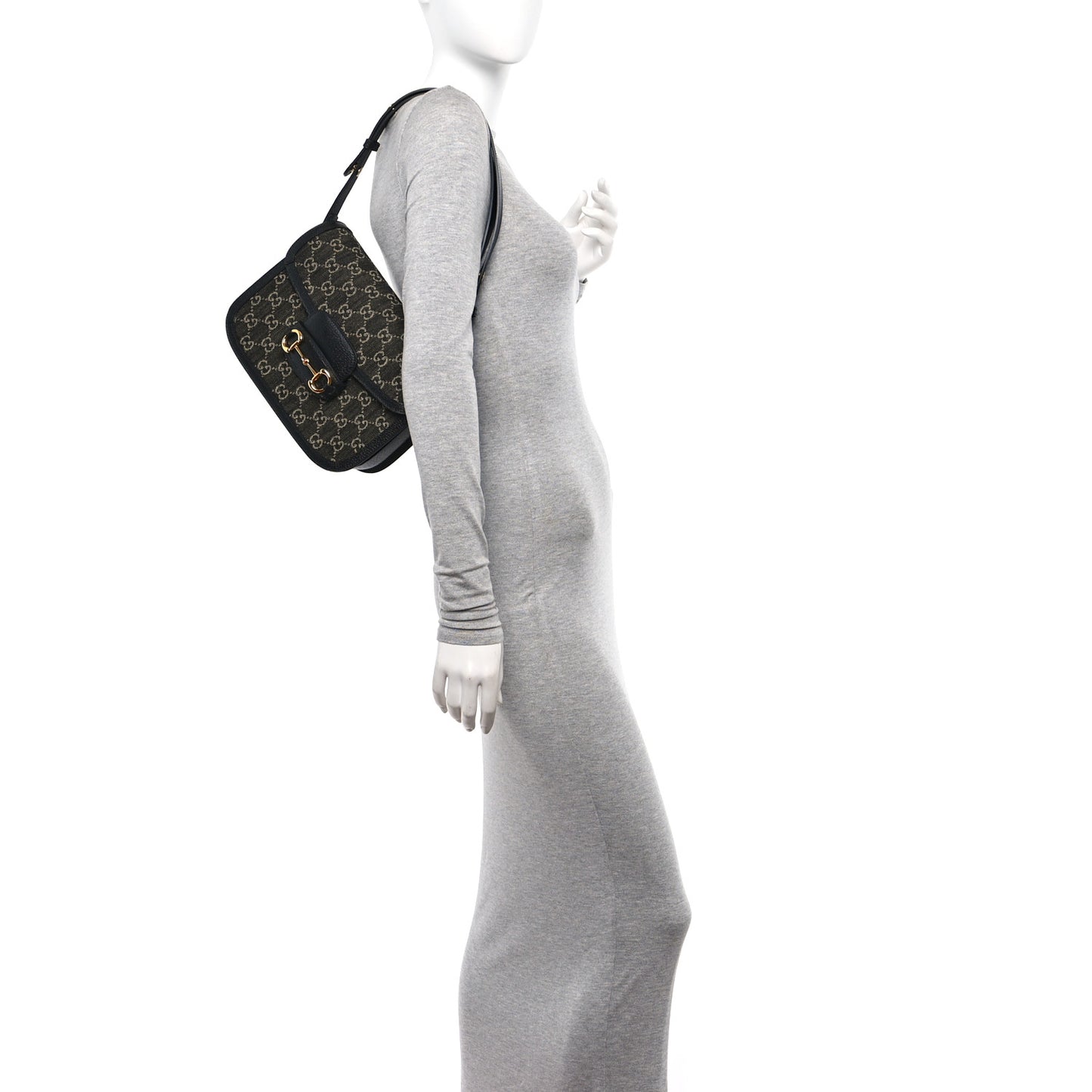 Jacquard Black Denim GG Monogram Textured Dollar Calfskin Horsebit 1955 Shoulder Bag Black Ivory