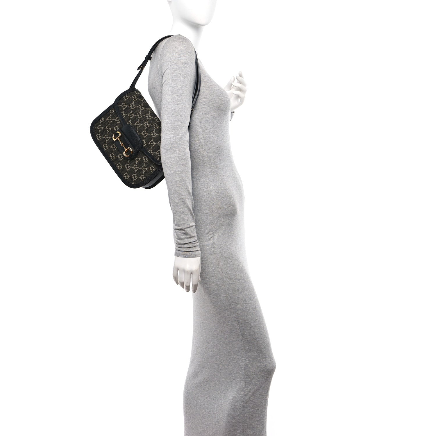 Gucci Jacquard Black Denim GG Monogram Textured Dollar Calfskin Horsebit 1955 Shoulder Bag Black Ivory 2 of 13