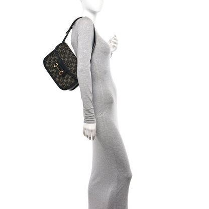 Gucci Jacquard Black Denim GG Monogram Textured Dollar Calfskin Horsebit 1955 Shoulder Bag Black Ivory 2 of 13