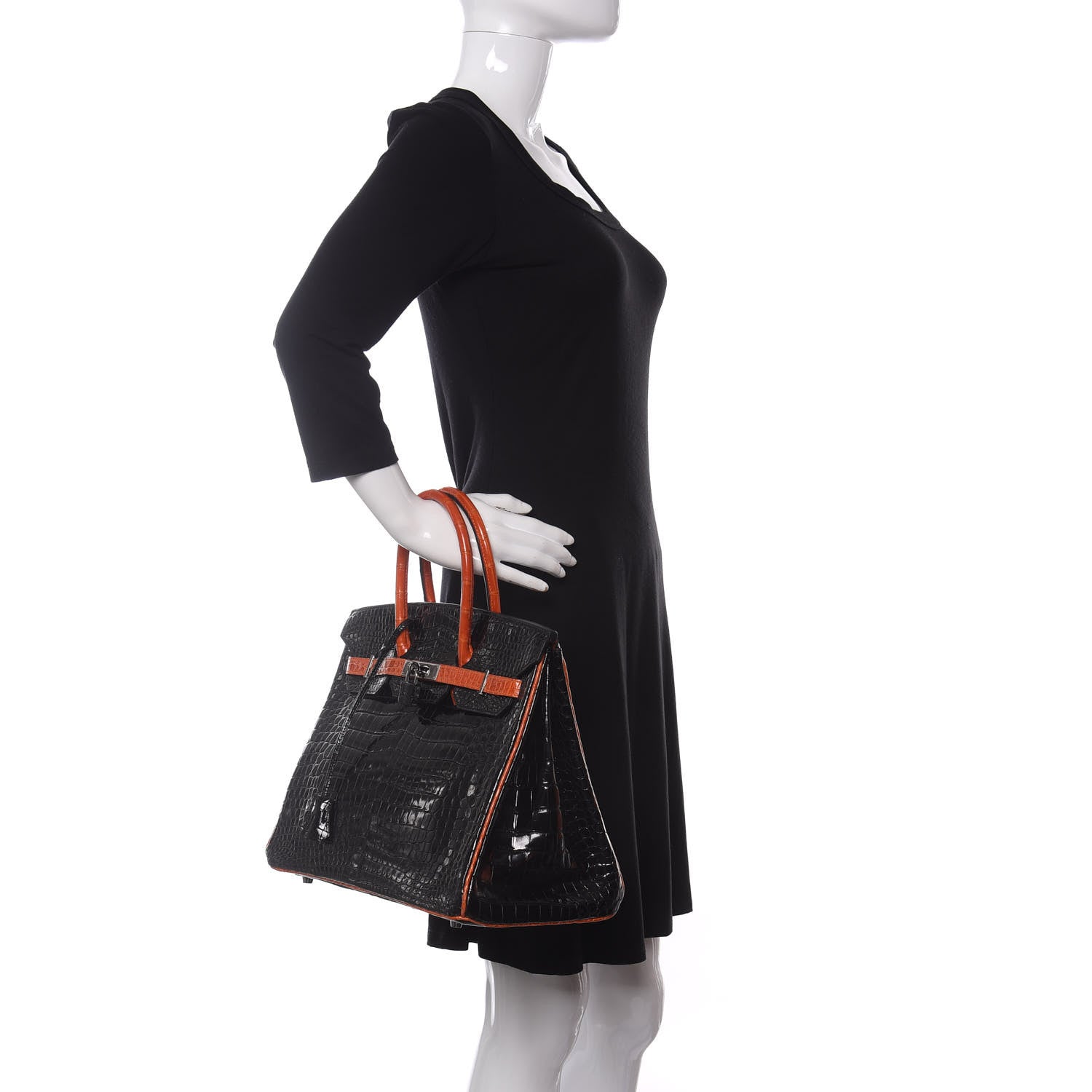 Hermes Shiny Porosus Crocodile Birkin 35 Black Orange 2 of 34