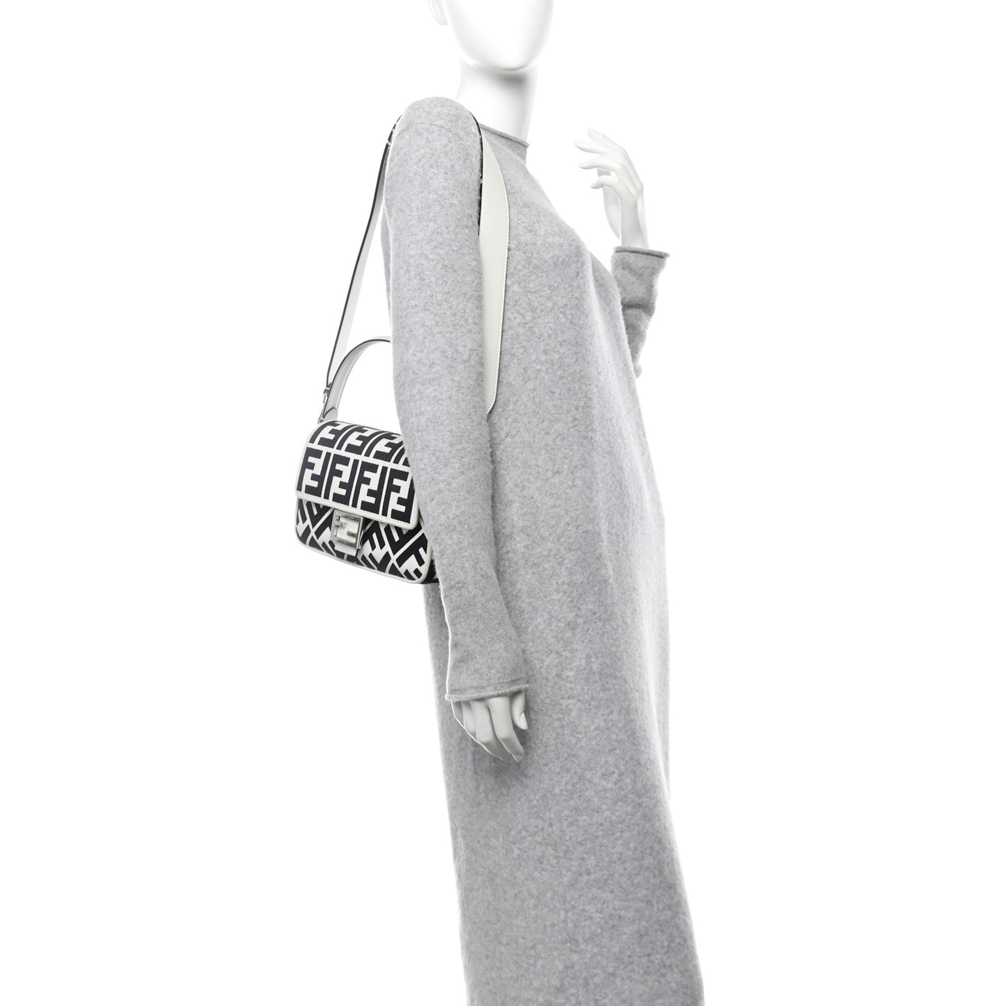 Canvas Vitello King FF Embroidered Baguette White Black