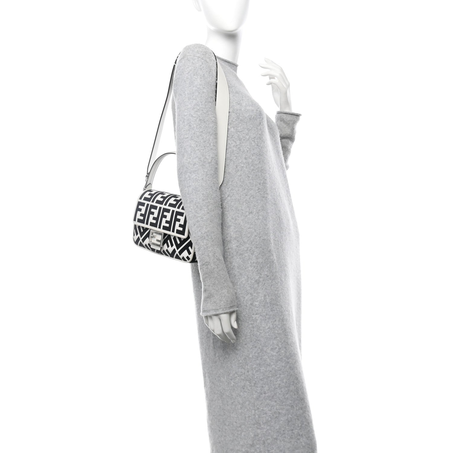 Fendi Canvas Vitello King FF Embroidered Baguette White Black 2 of 11