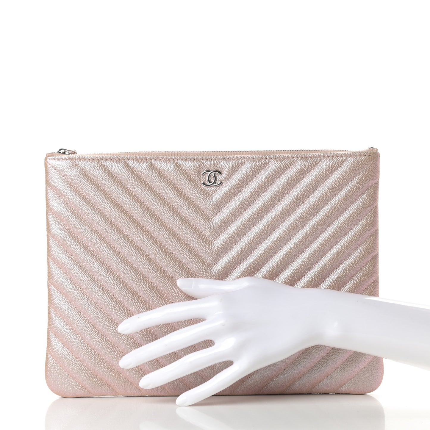 Iridescent Caviar Chevron Quilted Medium Cosmetic Case Light Gold
