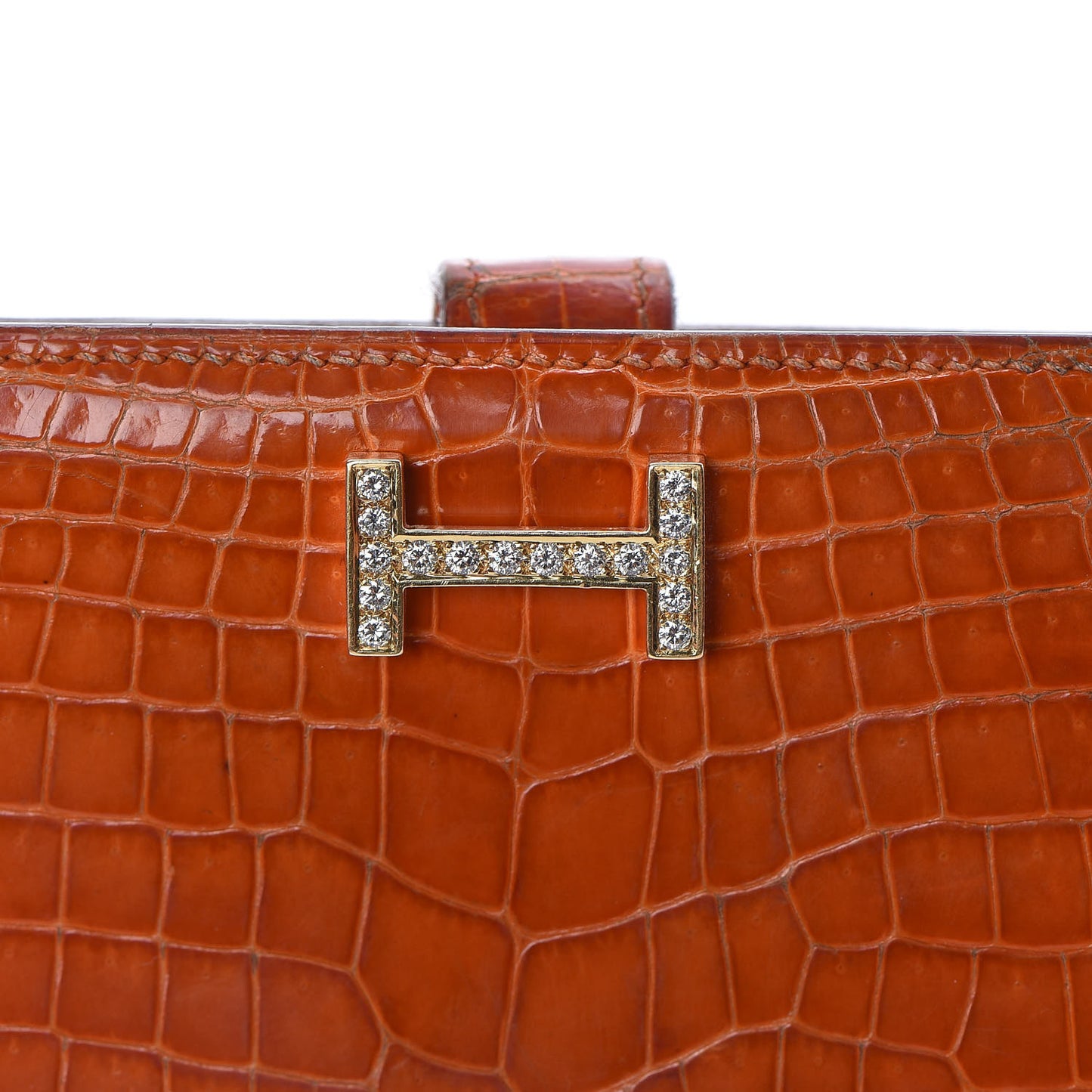 Shiny Niloticus Crocodile 18K Gold Diamond Bearn Wallet Orange