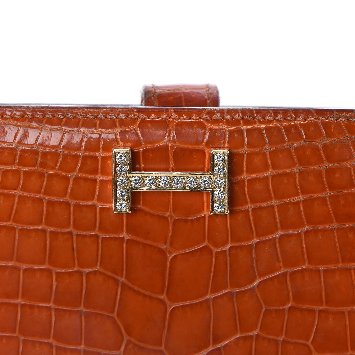 Hermes Shiny Niloticus Crocodile 18K Gold Diamond Bearn Wallet Orange 11 of 17