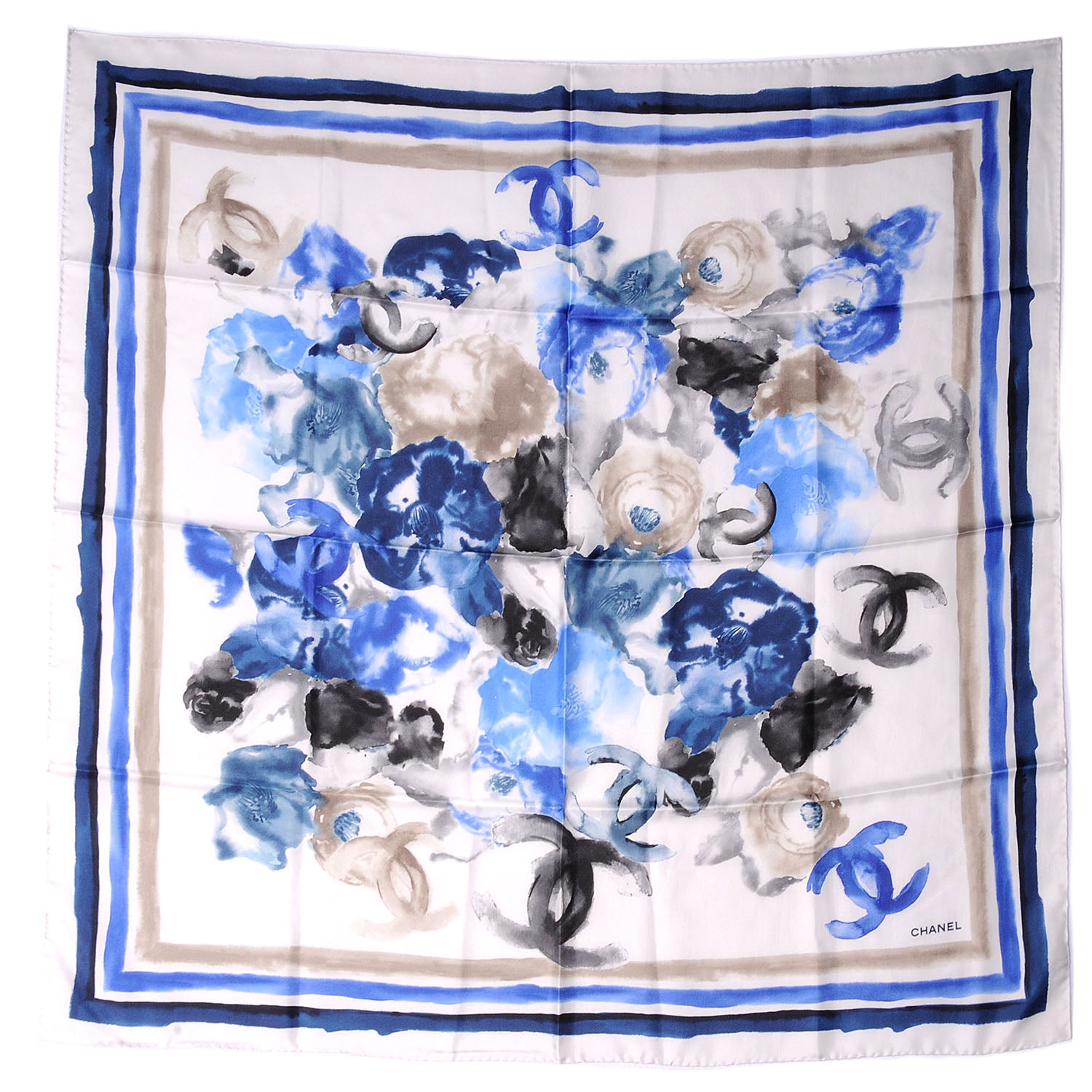 Chanel Silk CC Watercolor Camellia Flower Scarf White Blue 2 of 5