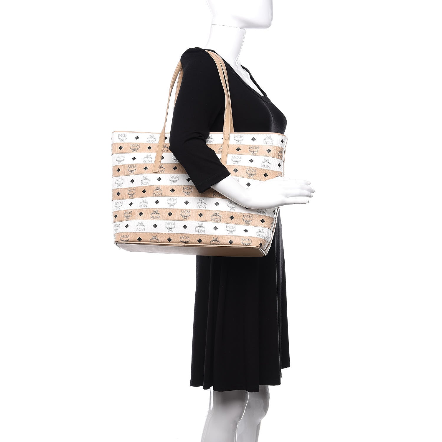 MCM Visetos Spot Stripped Medium Shopping Tote Beige White 2 of 10