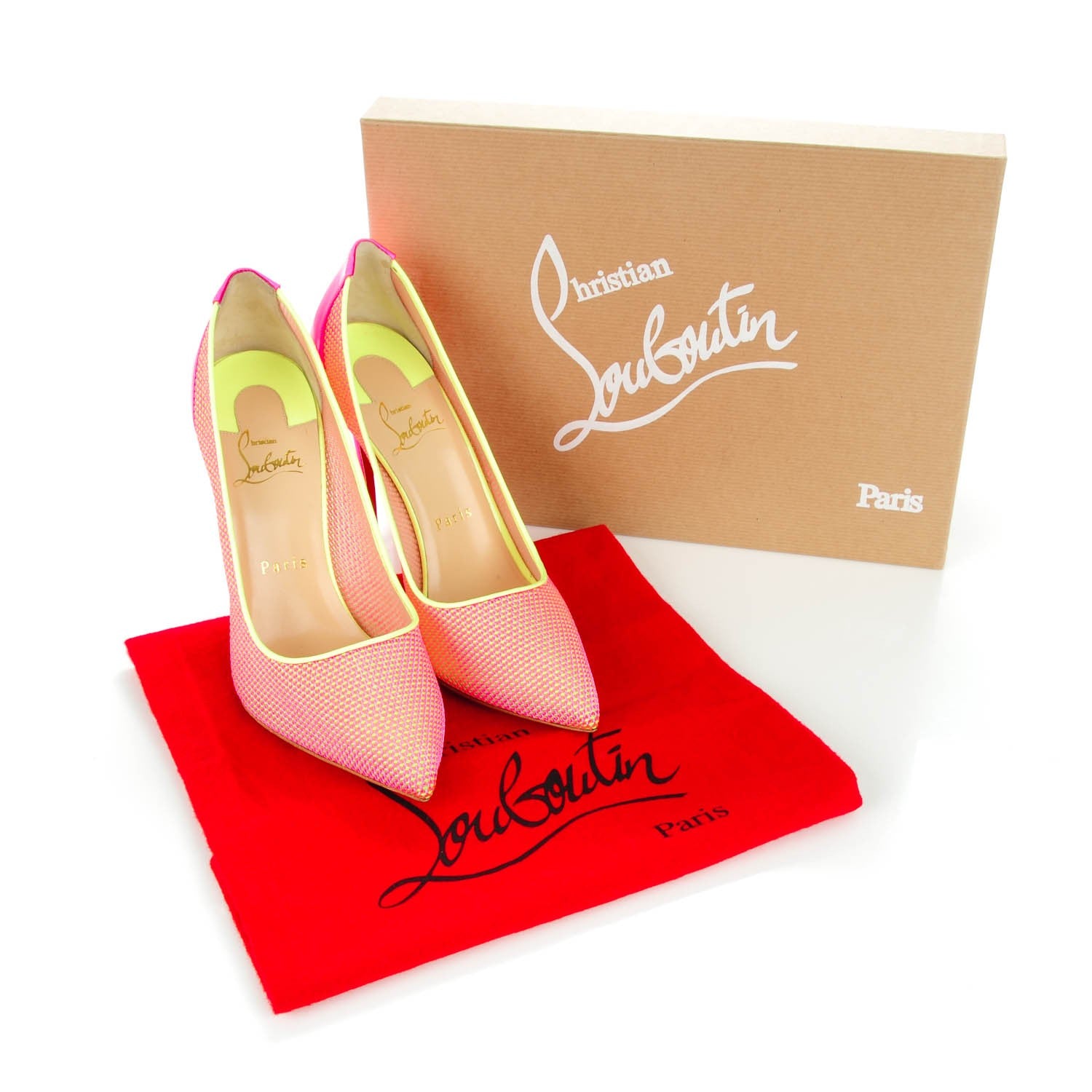 Christian Louboutin Lace Patent Raphia Follies 100 Pumps 38.5 Shocking Pink 8 of 9