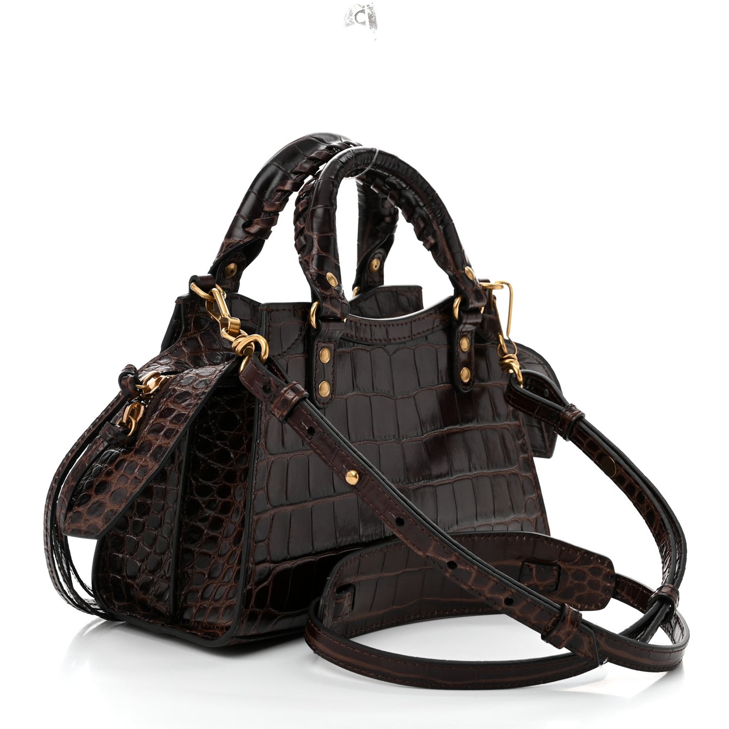 Semi Shiny Calfskin Crocodile Embossed Neo Classic Gold Hardware Mini City Dark Brown