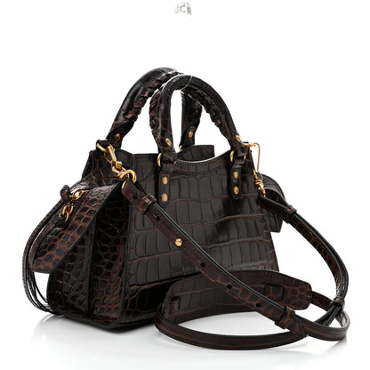 Balenciaga Semi Shiny Calfskin Crocodile Embossed Neo Classic Gold Hardware Mini City Dark Brown 3 of 9