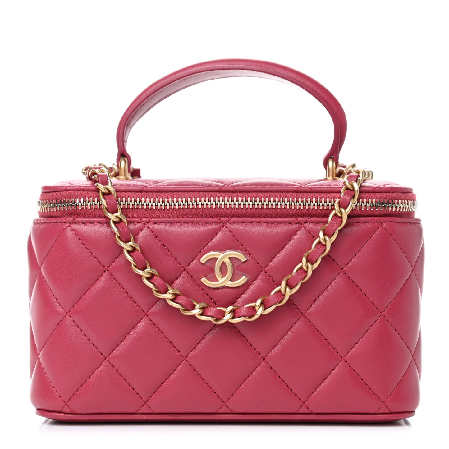 Lambskin Quilted Small Top Handle Vanity Case With Chain Dark Pink