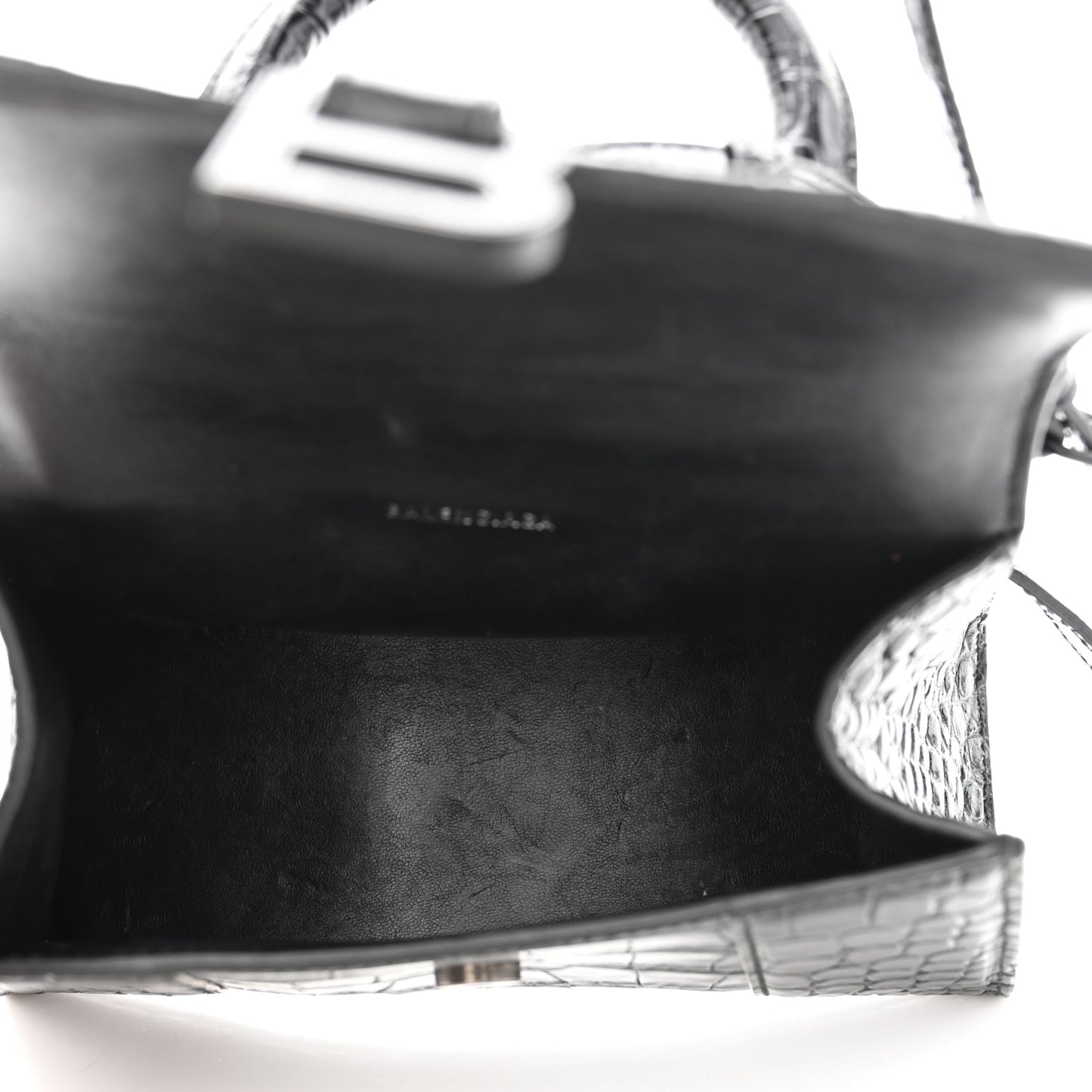 Shiny Calfskin Monochrome Crocodile Embossed Hourglass Top Handle Bag XS Black