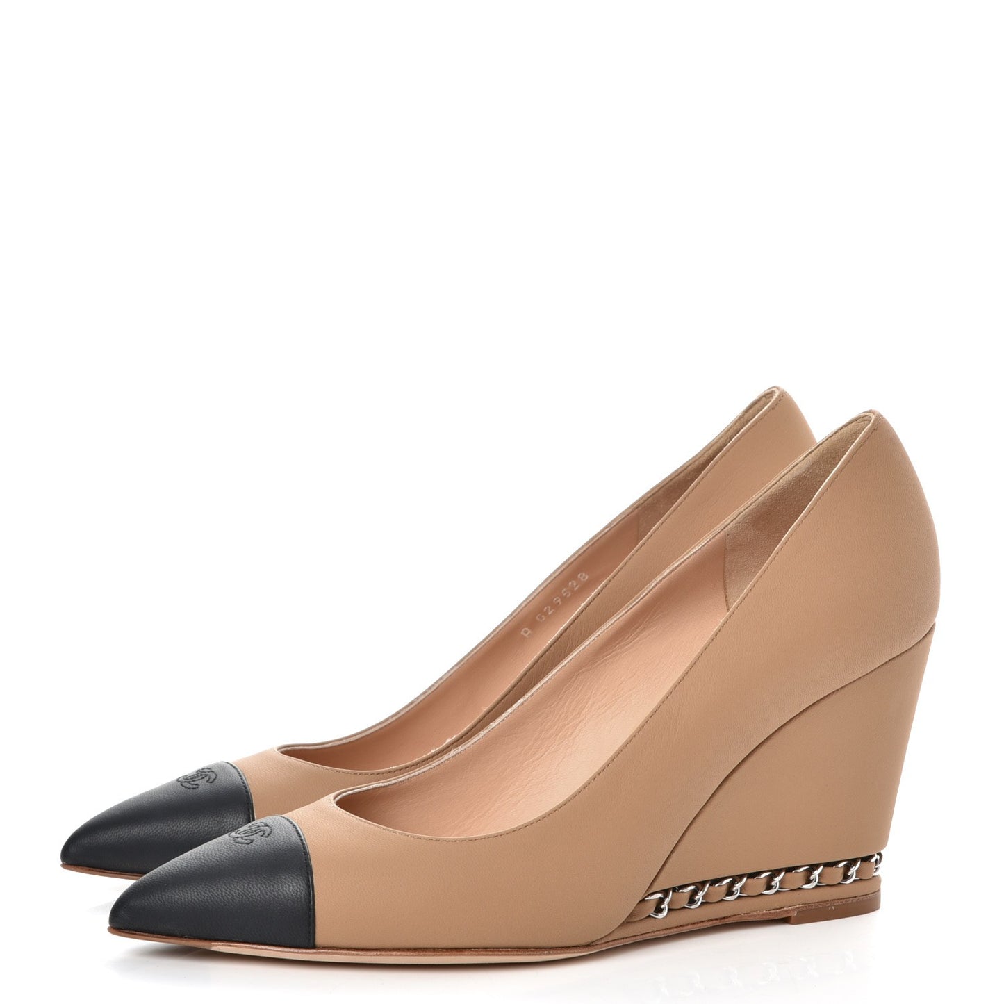 Calfskin Cap Toe Chain Wedge Pumps 39.5 Marron Clair Black