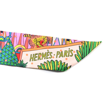 Hermes Silk Animapolis Plumetis Twilly Rose Vert Orange Fluo 3 of 4