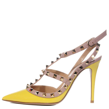 Valentino Garavani Patent Rockstud Ankle Strap Pumps 37 Yellow Poudre 1 of 7