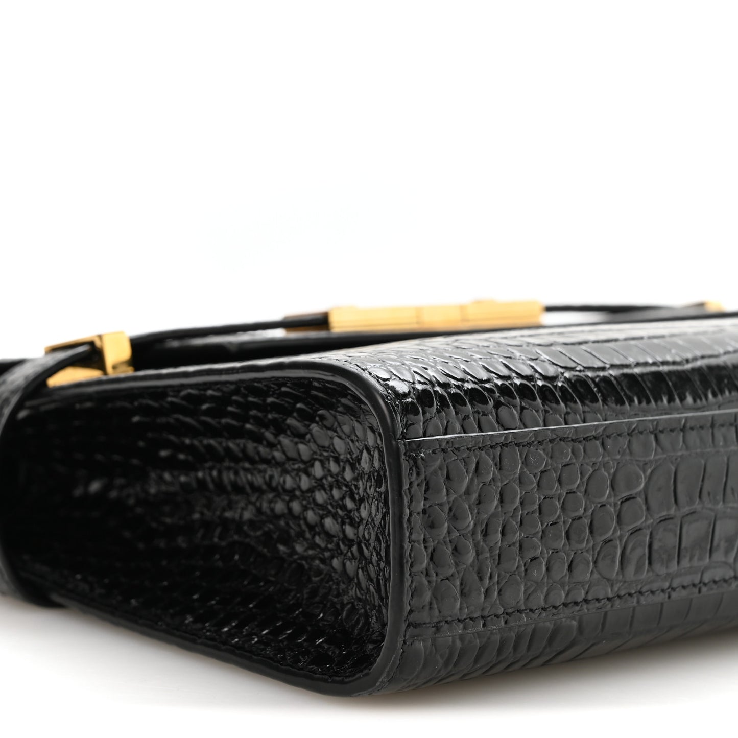 Shiny Calfskin Crocodile Embossed Small Manhattan Baguette Black