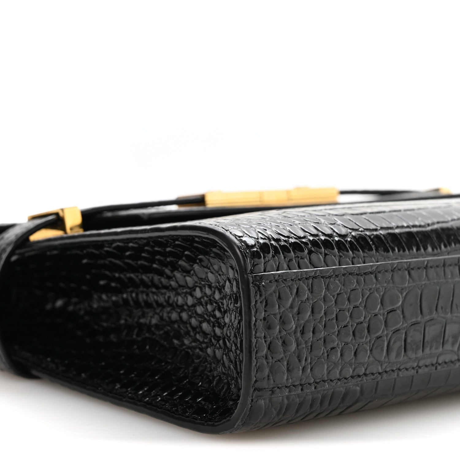 Saint Laurent Shiny Calfskin Crocodile Embossed Small Manhattan Baguette Black 9 of 10