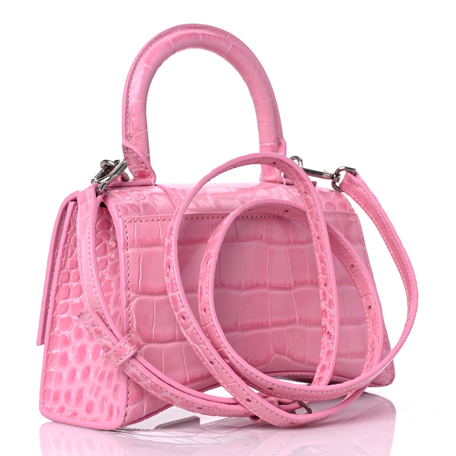 Balenciaga Shiny Calfskin Crocodile Embossed Hourglass Top Handle Bag XS Pink 3 of 12