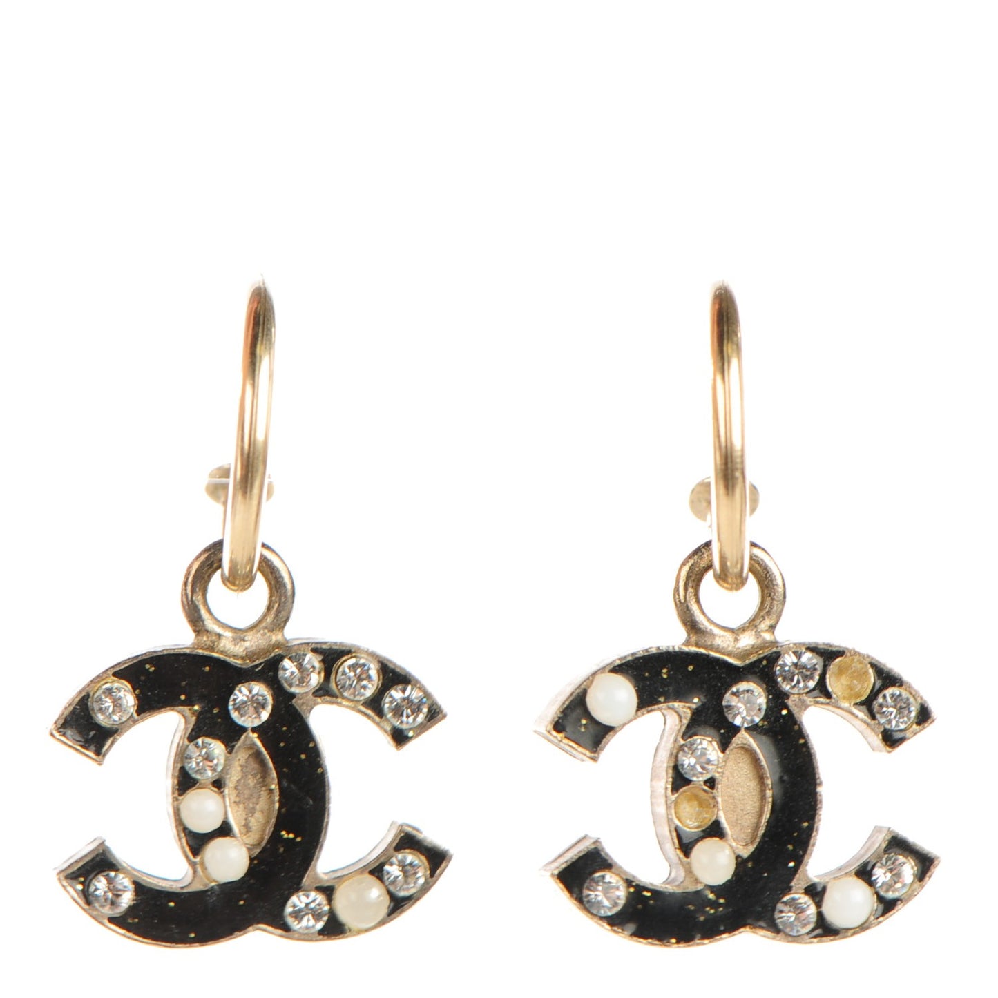 Glitter Enamel Pearl Crystal CC Drop Earrings Black