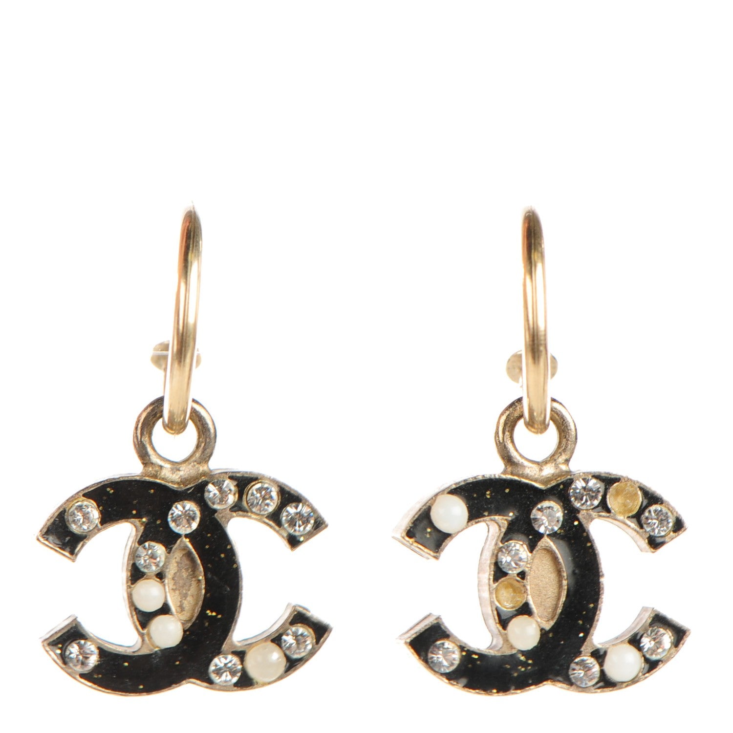 Chanel Glitter Enamel Pearl Crystal CC Drop Earrings Black 1 of 4