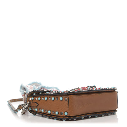 Valentino Garavani Calfskin Embroidered Medium Guitar Strap Rockstud Rolling Flap Saddle Bag Light Cuir 6 of 13