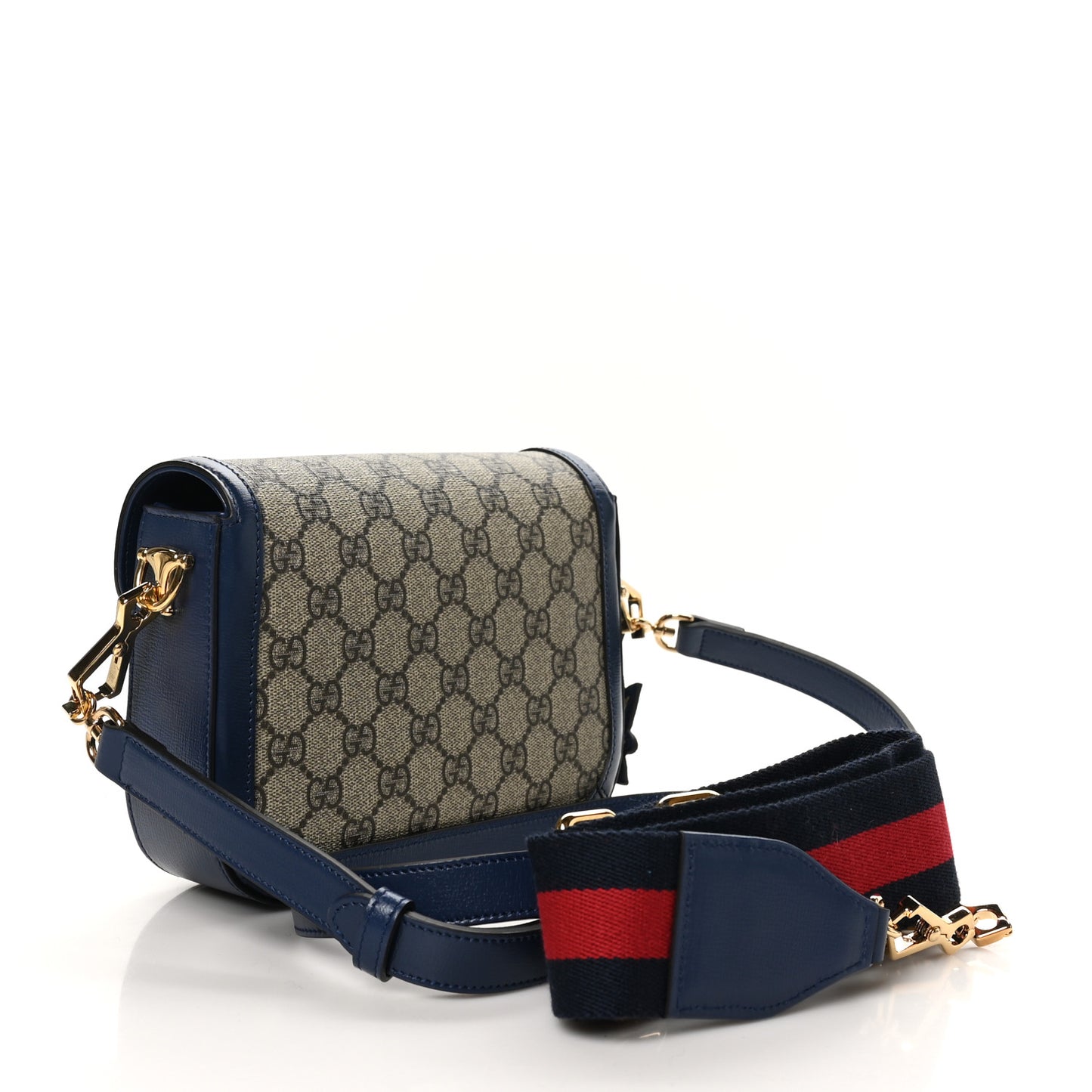 GG Supreme Monogram Textured Dollar Calfskin Web Mini Horsebit 1955 Shoulder Bag Beige Blue