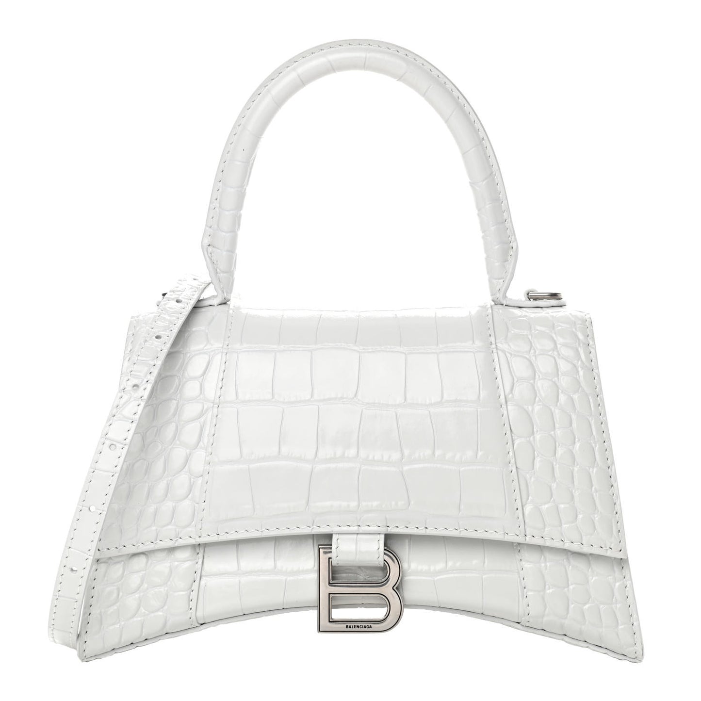 Calfskin Crocodile Embossed Small Hourglass Top Handle Bag White