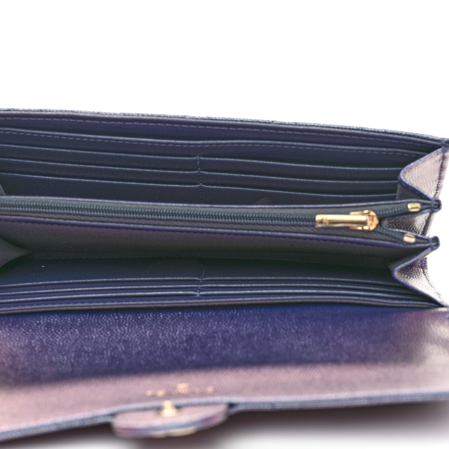 Iridescent Caviar Quilted Large Gusset Flap Wallet Dark Blue