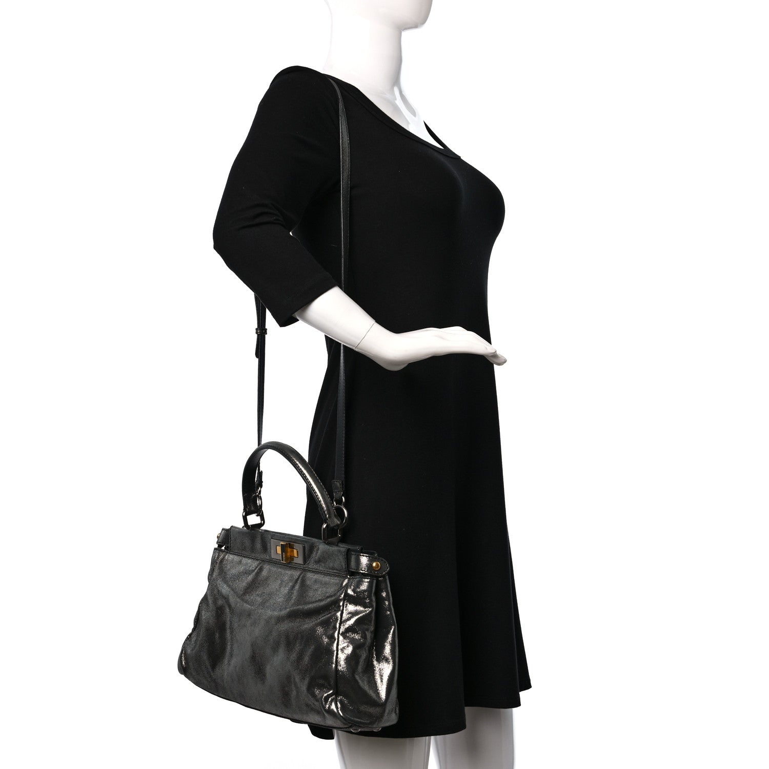 Fendi Metallic Fan Vitello Medium Peekaboo Iconic Satchel Silver 2 of 11