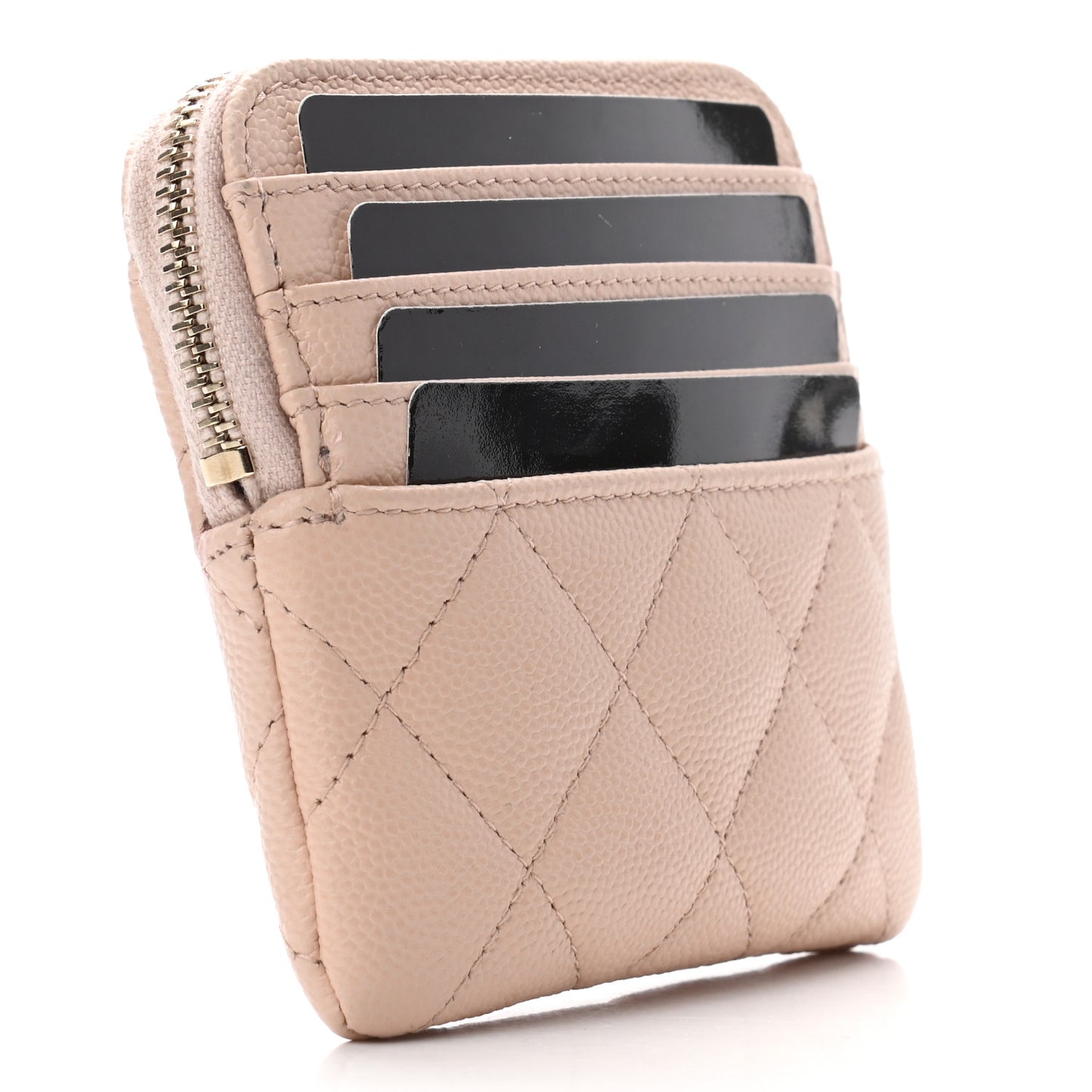 Caviar Quilted Zip Card Holder Wallet Light Beige