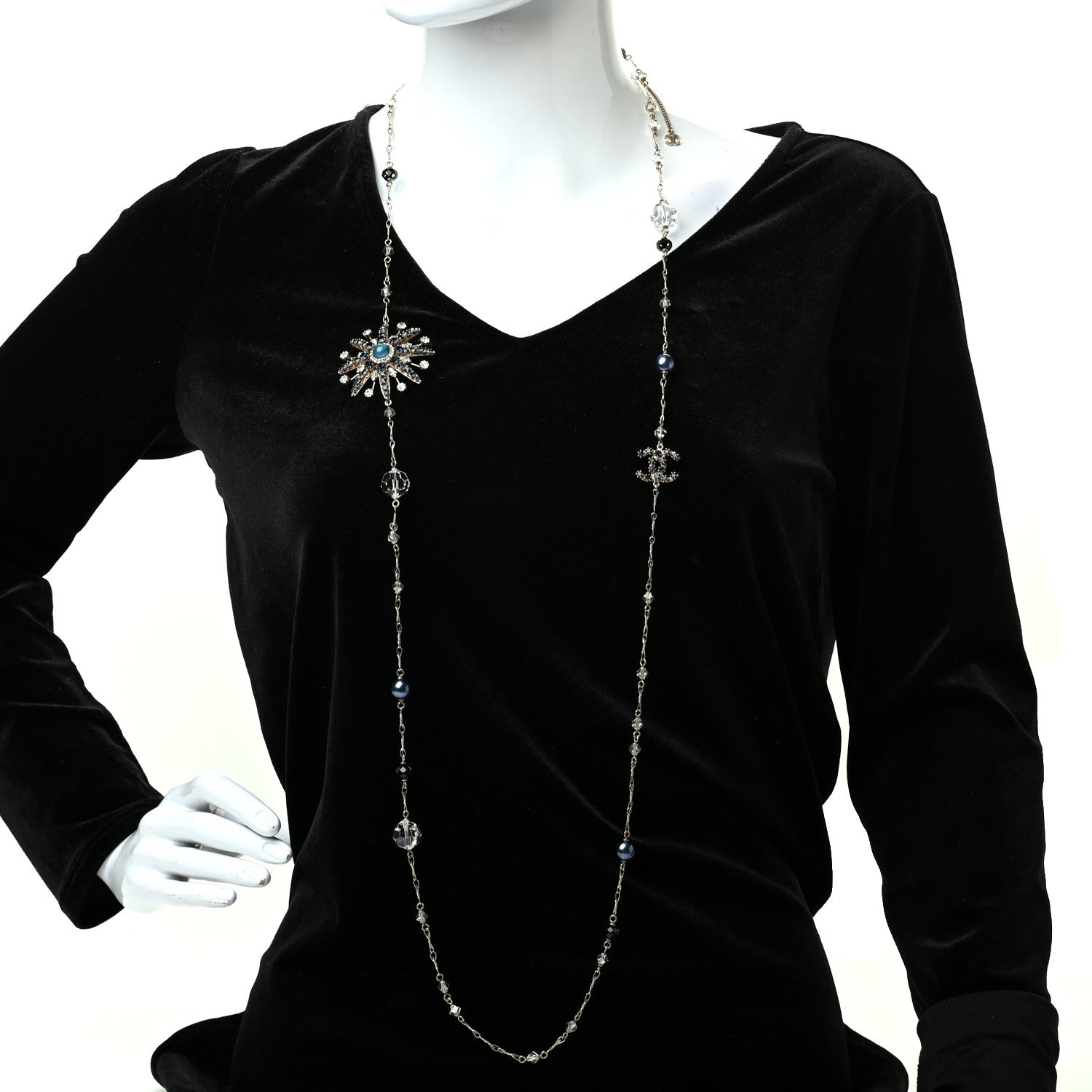 Chanel Crystal Pearl Bead CC Long Necklace Gold Blue 2 of 6