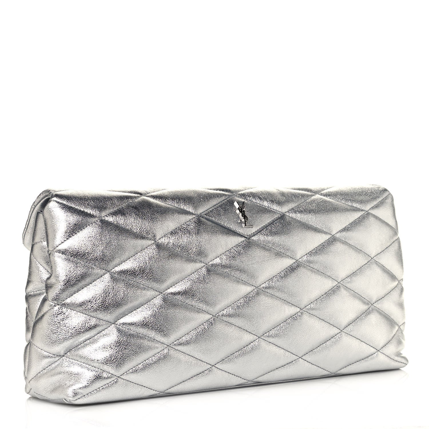 Saint Laurent Metallic Lambskin Quilted Sade Puffer Envelope Clutch Argento 3 of 13