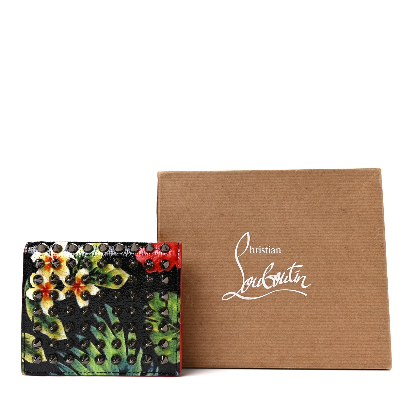 Crackled Calfskin Hawaii Print Paros Spikes Wallet Black Gunmetal