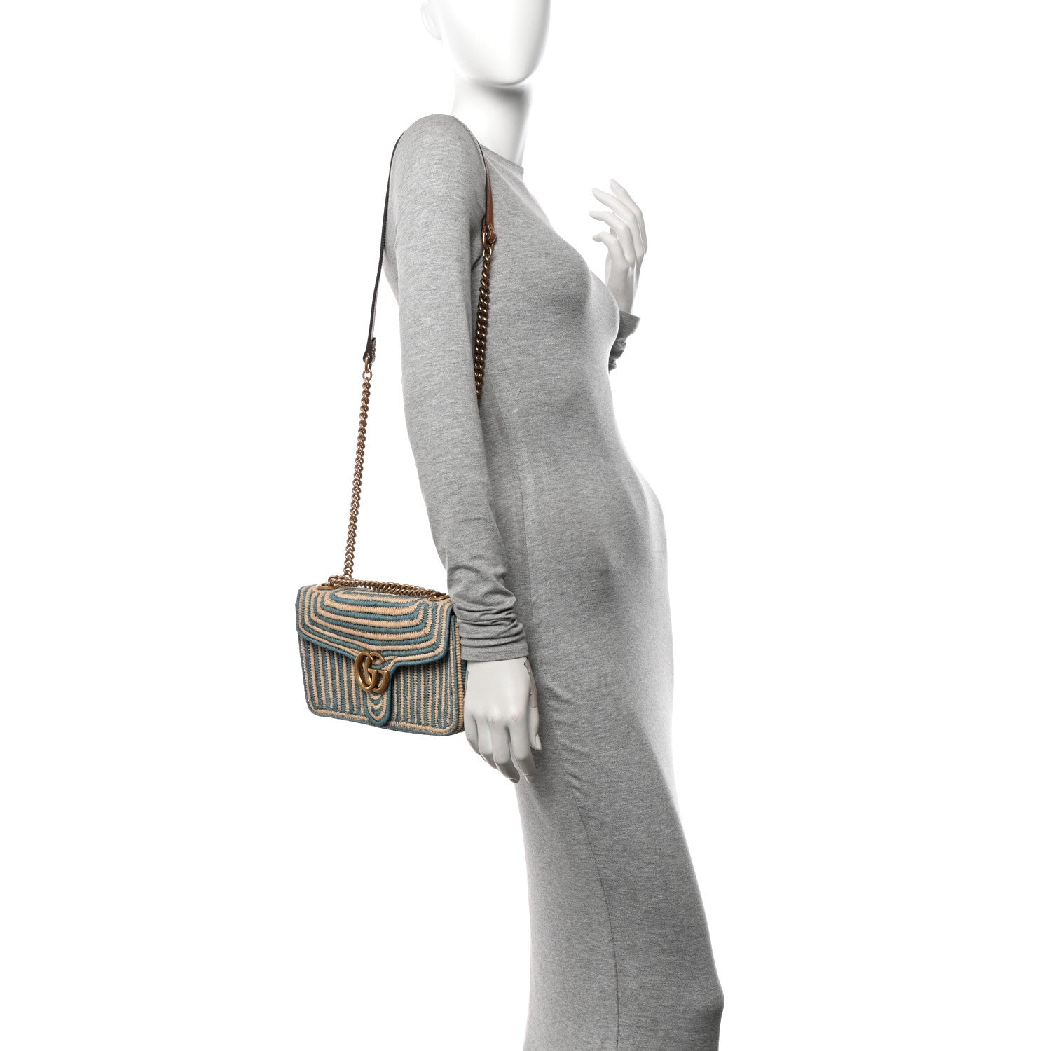 Gucci Raffia Woven Small GG Marmont Shoulder Bag Natural Light Blue 3 of 10