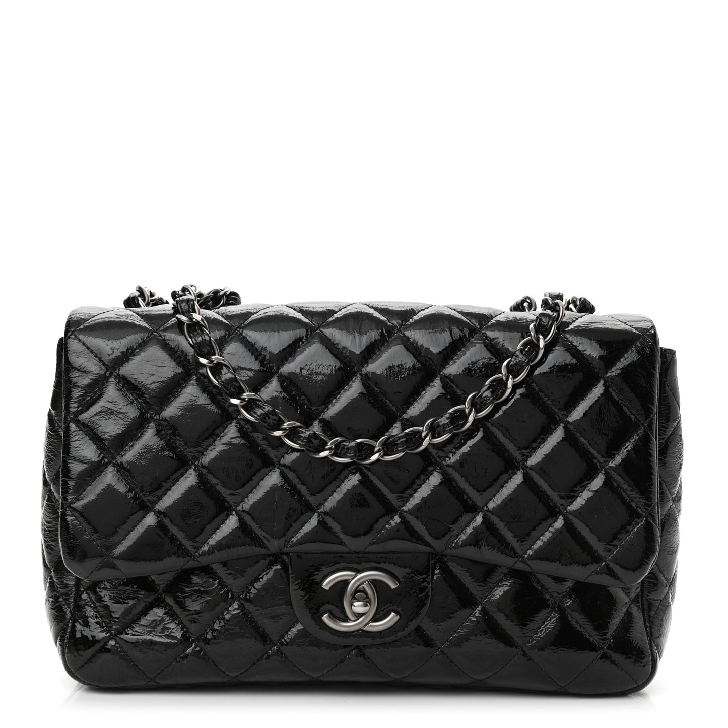 Crinkled Patent Quilted Jumbo Single Flap Black