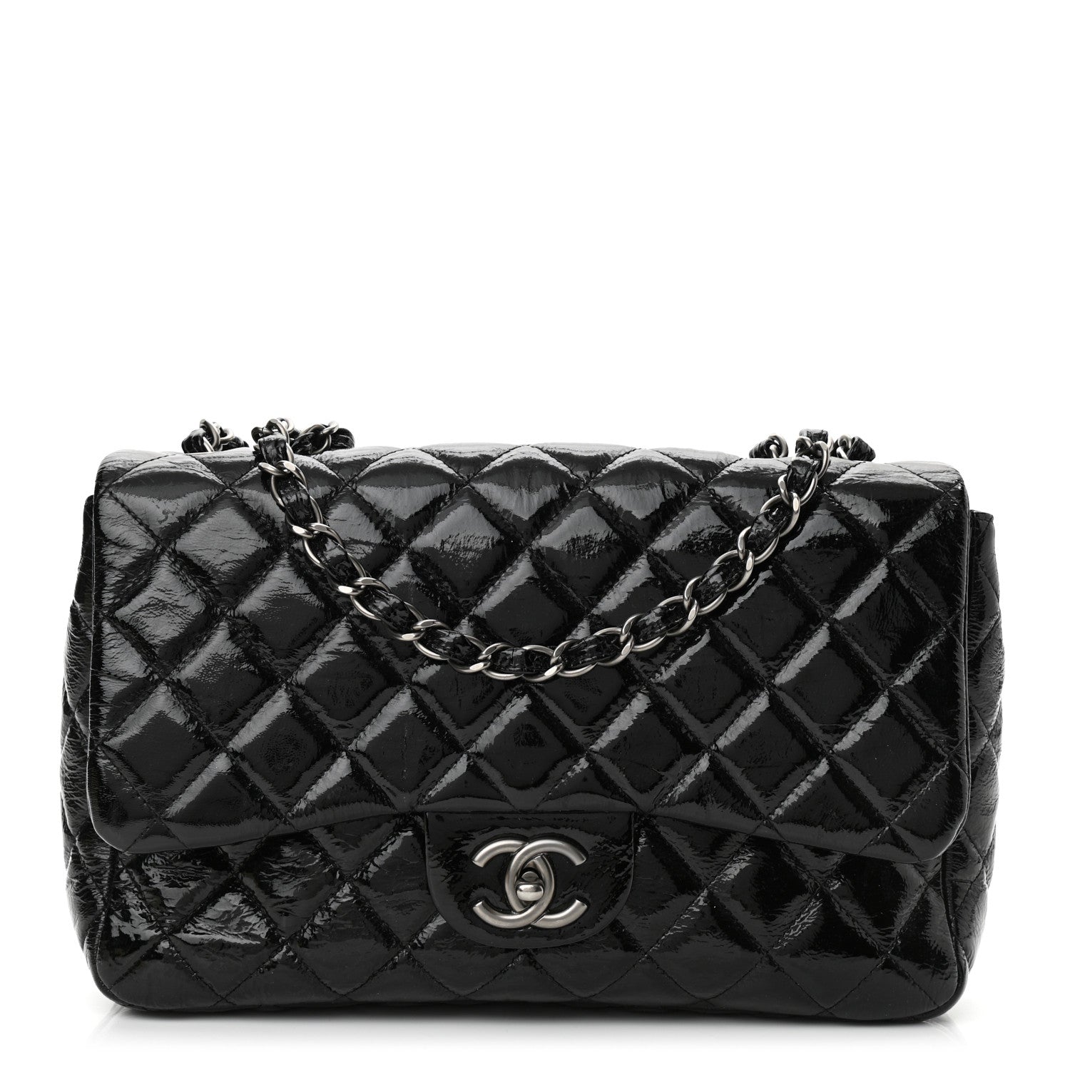 Chanel Crinkled Patent Quilted Jumbo Single Flap Black 1 of 10