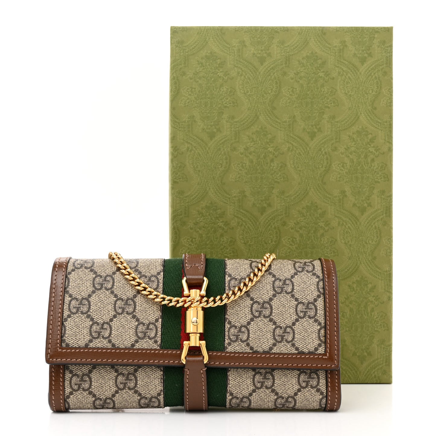 GG Supreme Monogram Azalea Calfskin Web Jackie 1961 Chain Wallet Beige Ebony Brown Sugar